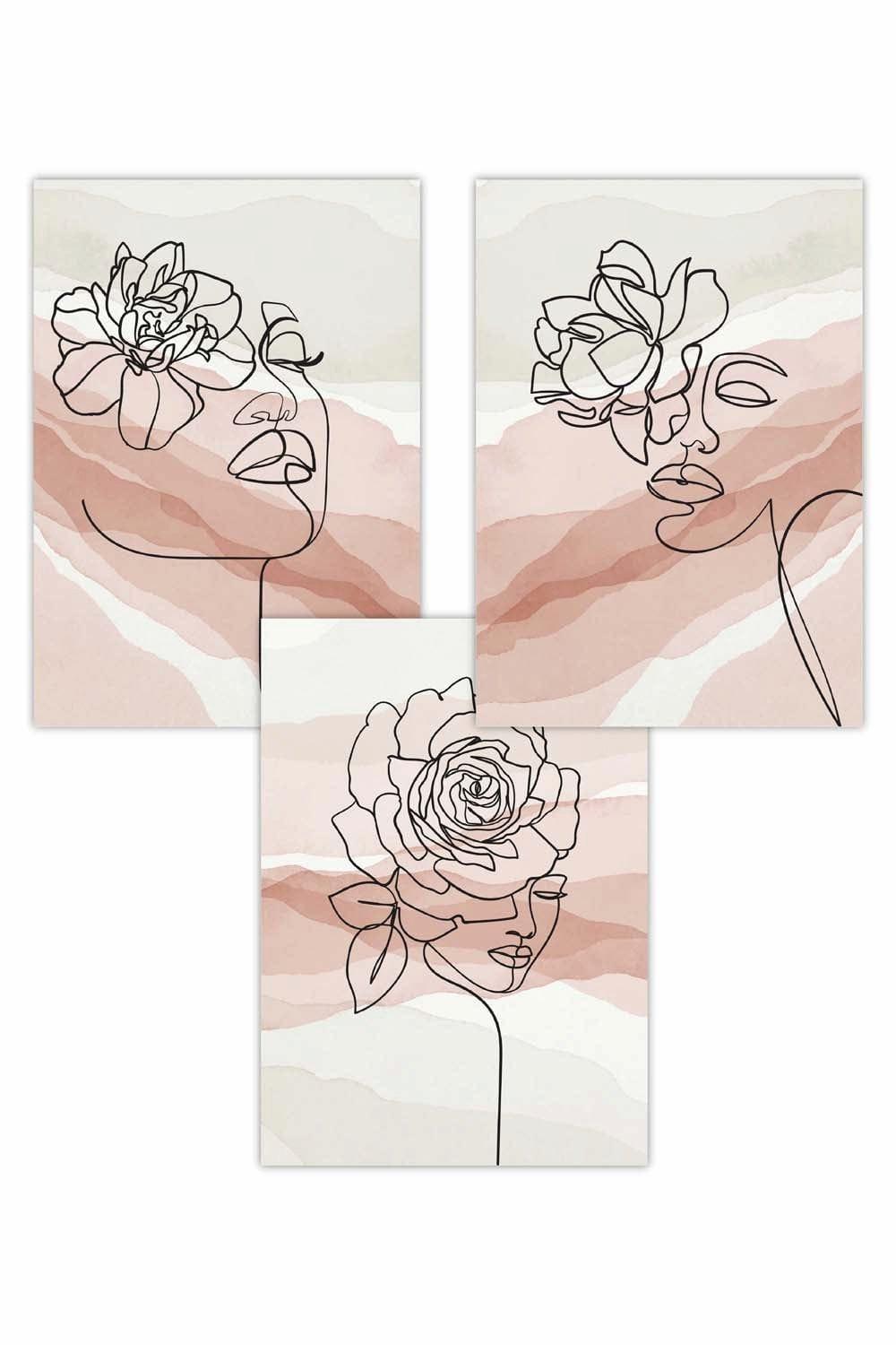 Set of 3 Female Line Art Floral Faces on Pink and Ivory Art Posters